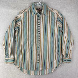 Robert Graham Shirt Mens Large Multicolor Striped‎ Button Up Silk Trim Flip Cuff